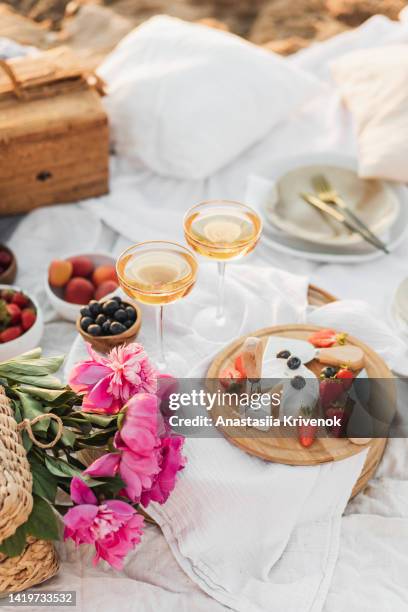 beautiful celebration picnic outdoor with tasty food and wine. - straw hat stock pictures, royalty-free photos & images