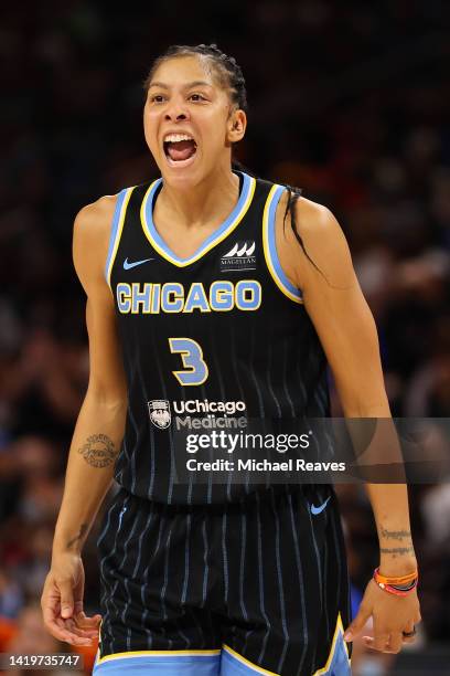 Candace Parker of the Chicago Sky celebrates a basket against the Connecticut Sun during the first half in Game Two of the 2022 WNBA Playoffs...