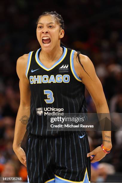 Candace Parker of the Chicago Sky celebrates a basket against the Connecticut Sun during the first half in Game Two of the 2022 WNBA Playoffs...