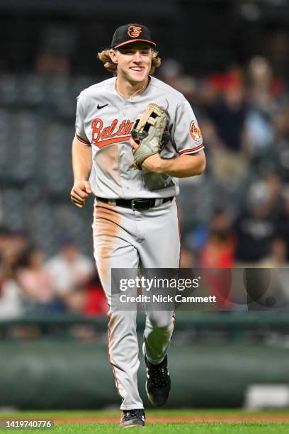 Gunnar Henderson of the Baltimore Orioles celebrates the teams 4-0 win over the Cleveland Guardians in his Major League debut at Progressive Field on...