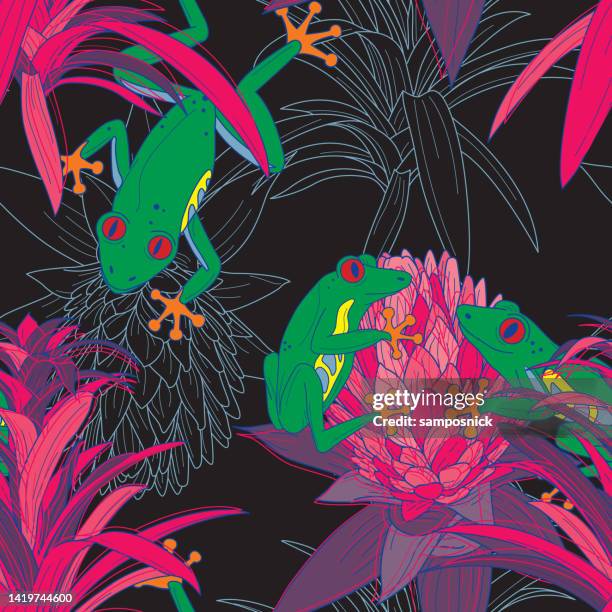 90er jahre macht die 70er jahre retro style bright laubfrosch und floral bromeliad seamless patterns - wild flowers stock-grafiken, -clipart, -cartoons und -symbole