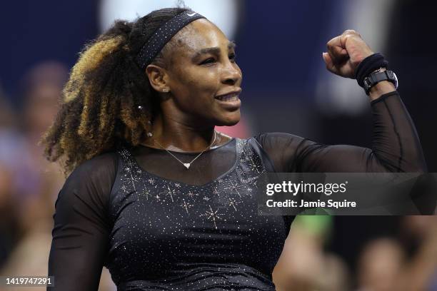 Serena Williams of the United States celebrates after defeating Anett Kontaveit of Estonia in their Women's Singles Second Round match on Day Three...