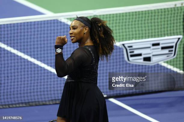 Serena Williams of the United States celebrates after defeating Anett Kontaveit of Estonia in their Women's Singles Second Round match on Day Three...