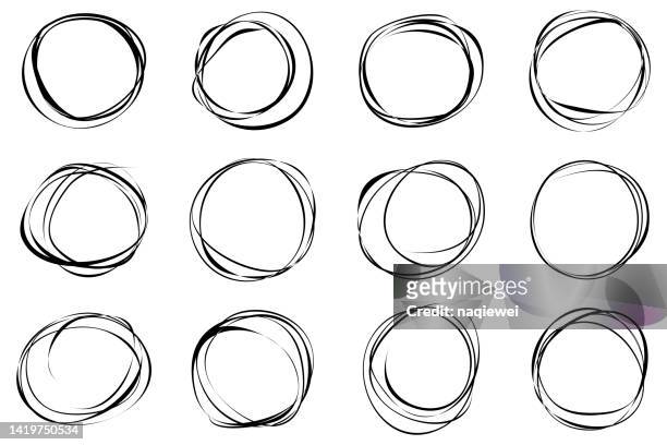 vector creative set of hand drawning circle line sketch  isolated on white background illustration - one line drawing abstract line art stock illustrations