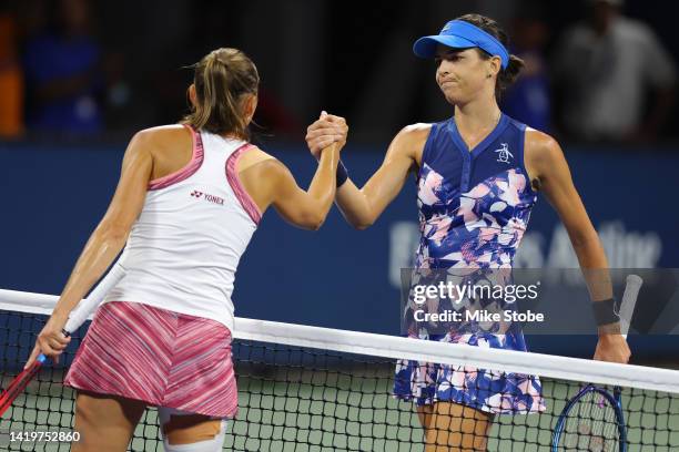 Ajla Tomlijanovic of Australia shakes hands after defeating Evgeniya Rodina in their Women's Singles Second Round match on Day Three of the 2022 US...
