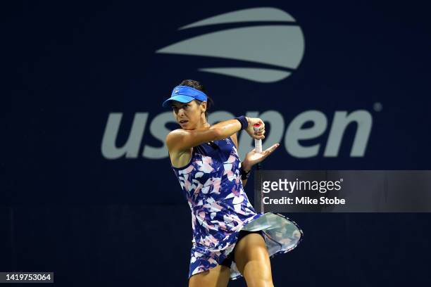Ajla Tomlijanovic of Australia returns a shot against Evgeniya Rodina in their Women's Singles Second Round match on Day Three of the 2022 US Open at...