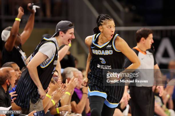 Candace Parker of the Chicago Sky celebrates a three pointer against the Connecticut Sun during the second half in Game Two of the 2022 WNBA Playoffs...