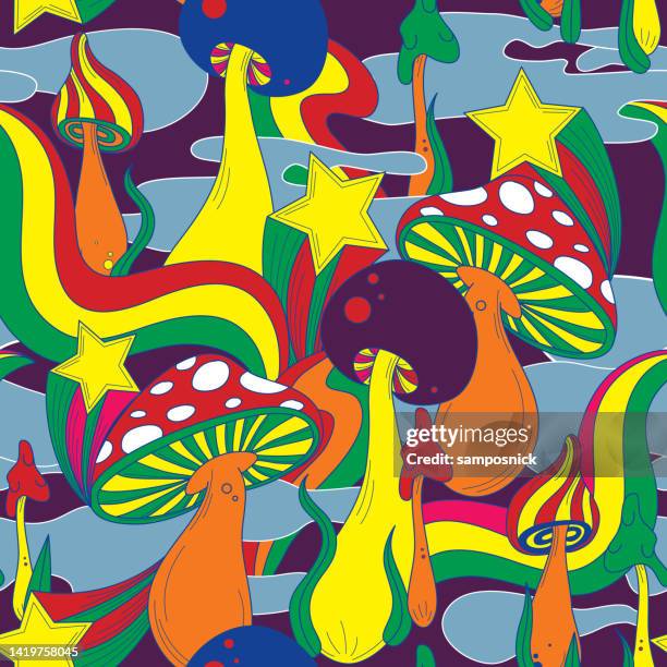 ilustraciones, imágenes clip art, dibujos animados e iconos de stock de estilo retro de los años 70 cosmic trippy mushroom seamless pattern - acid