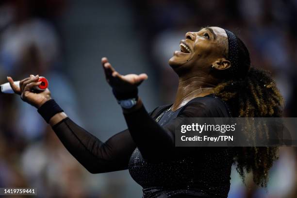 Serena Williams of the United States celebrates hitting an ACE against Anett Kontaveit of Estonia in the second round of the women's singles of the...