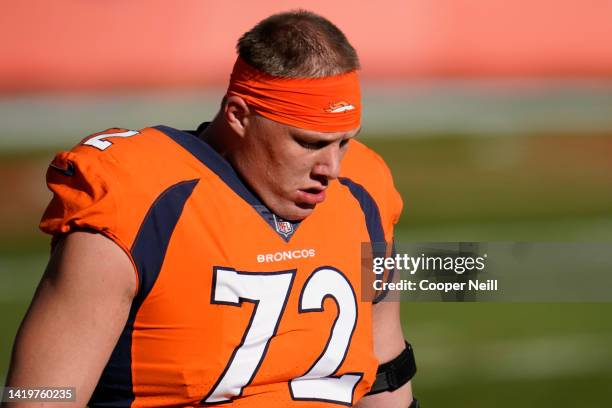 Garett Bolles of the Denver Broncos looks down prior to an NFL game against the New Orleans Saints, Sunday, Nov. 29 in Denver.