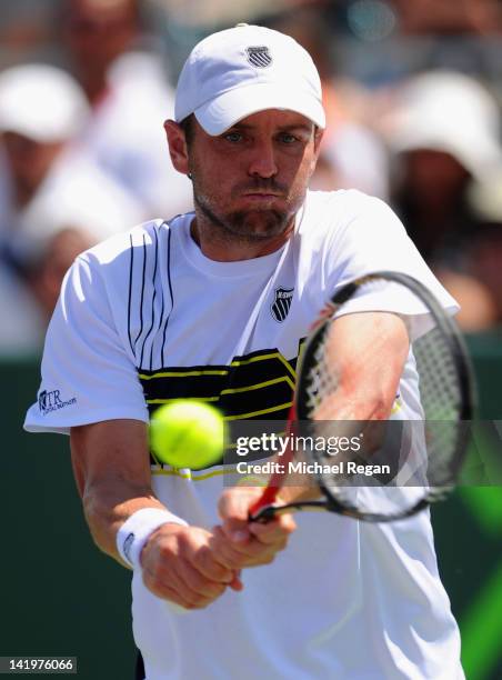 Mardy Fish of the USA in action during his match with Nicolas Almagro of Spain on day 9 of the Sony Ericsson Open at Crandon Park Tennis Center on...