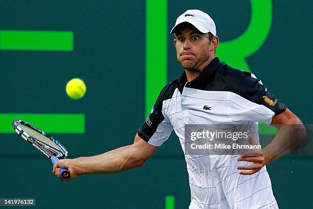 Andy Roddick in action against Juan Monaco of Argentina during Day 9 of the Sony Ericsson Open at Crandon Park Tennis Center on March 27, 2012 in Key...