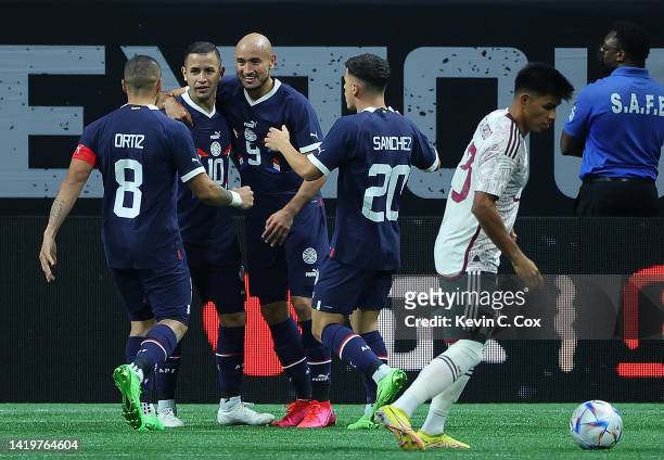 Derlis Gonzalez of Paraguay reacts after scoring a goal against Mexico during the second half of an international friendly between Mexico and...