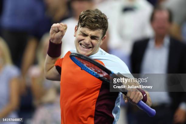 Jack Draper of Great Britain reacts to a win against against Felix Auger Aliassime of Canada in their Men's Singles Second Round match on Day Three...