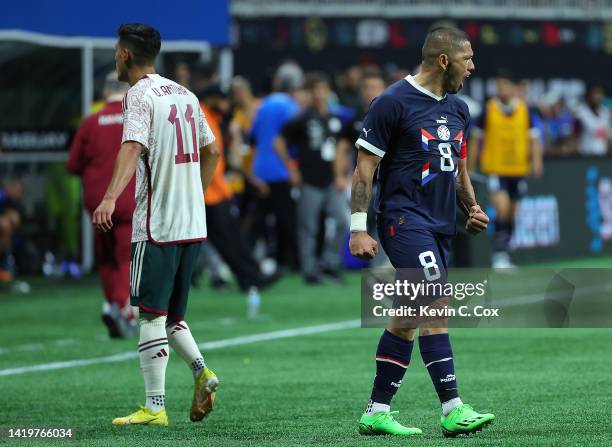 Richard Ortiz of Paraguay reacts after their 1-0 win over Mexico in an international friendly between Mexico and Paraguay at Mercedes-Benz Stadium on...