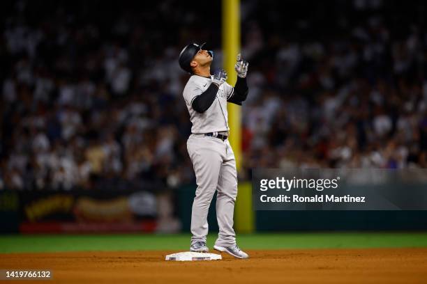Gleyber Torres of the New York Yankees after a rbi double against the Los Angeles Angels in the fifth inning at Angel Stadium of Anaheim on August...