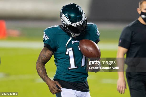 Alshon Jeffery of the Philadelphia Eagles tosses the ball prior to an NFL game against the Seattle Seahawks on November 30, 2020 in Philadelphia,...