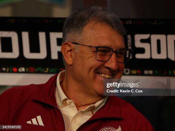 Gerardo Martino of Mexico enjoys a laugh prior to an international friendly between Mexico and Paraguay at Mercedes-Benz Stadium on August 31, 2022...