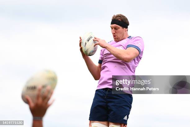 Brodie Retallick of the All Blacks runs through drills during a New Zealand All Blacks Training Session at FMG Stadium on September 01, 2022 in...