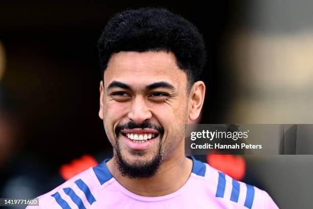 Stephen Perofeta of the All Blacks walks out for a New Zealand All Blacks Training Session at FMG Stadium on September 01, 2022 in Hamilton, New...