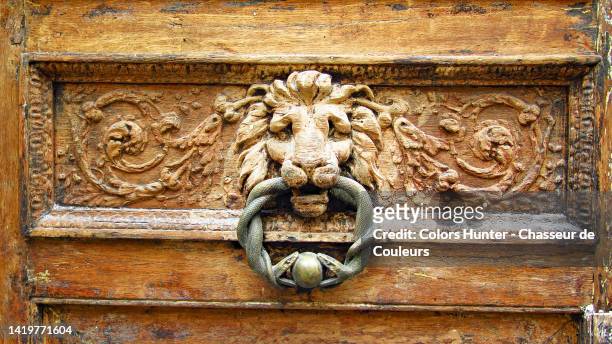 old wooden and bronze door knocker of a haussmannian building in paris, france - door knocker stock-fotos und bilder