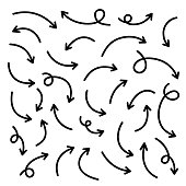 Thin curved sketch arrows collection. Hand drawn vector arrows pointing different directions