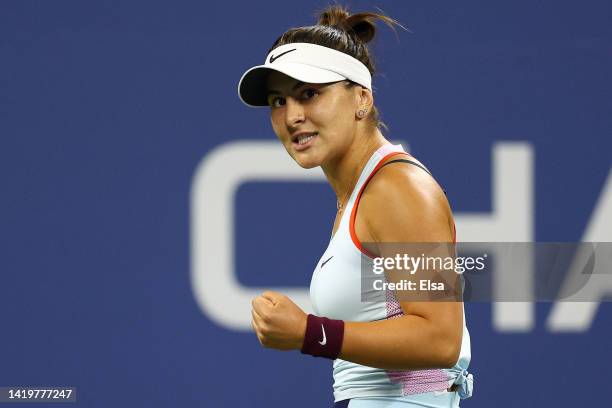 Bianca Andreescu of Canada reacts against Beatriz Haddad Maia of Brazil in their Women's Singles Second Round match on Day Three of the 2022 US Open...