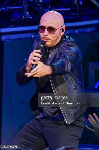 Pitbull performs onstage at Pine Knob Music Theatre on August 31, 2022 in Clarkston, Michigan.
