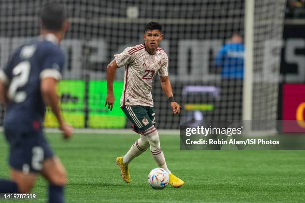 Jesús Gallardo of Mexico during a game between Paraguay and Mexico at Mercedes-Benz Stadium on August 31, 2022 in Atlanta, Georgia.