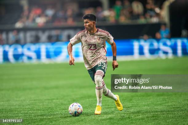 Jesús Gallardo of Mexico during a game between Paraguay and Mexico at Mercedes-Benz Stadium on August 31, 2022 in Atlanta, Georgia.