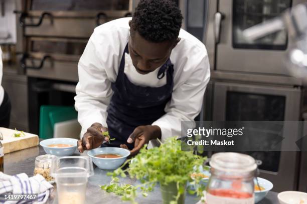 chef garnishing soup in restaurant kitchen - black chef stock pictures, royalty-free photos & images
