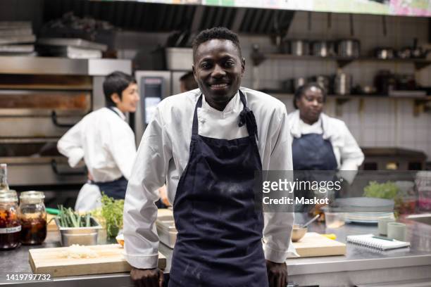 portrait of smiling chef standing in restaurant kitchen - black apron stock pictures, royalty-free photos & images