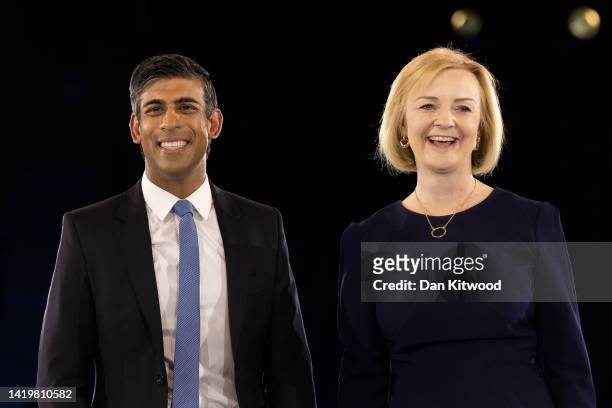 Conservative leadership hopefuls Liz Truss and Rishi Sunak appear together at the end of the final Tory leadership hustings at Wembley Arena on...