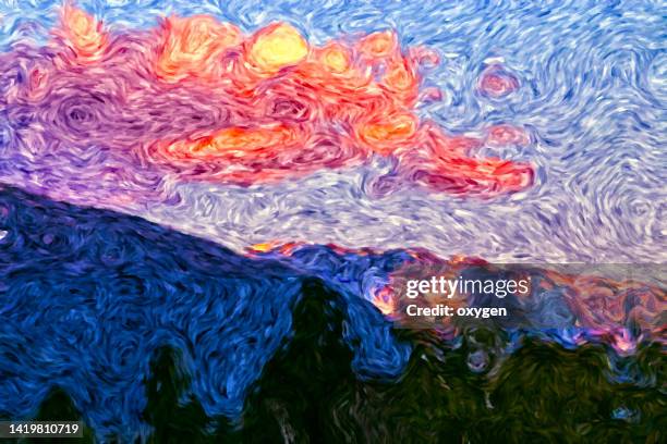 abstract multicolor acrylic mountain nature with clouds. oil bubbles background.  mixed texture background. liquid color backdrop. van gogh style - impressionism ストックフォトと画像