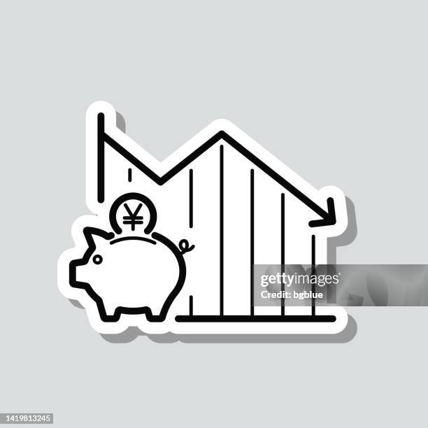 diagramm der verringerten yen-einsparungen. symbolaufkleber auf grauem hintergrund - japanese currency stock-grafiken, -clipart, -cartoons und -symbole