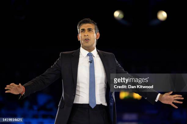 Conservative leadership hopeful Rishi Sunak speaks during the final Tory leadership hustings at Wembley Arena on August 31, 2022 in London, England....