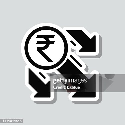 Indian rupee decrease. Icon sticker on gray background Indian rupee decrease. Icon sticker on gray background