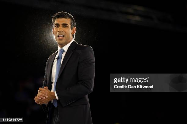 Conservative leadership hopeful Rishi Sunak speaks during the final Tory leadership hustings at Wembley Arena on August 31, 2022 in London, England....