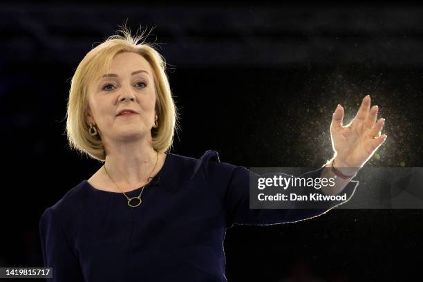 Foreign Secretary and Conservative leadership hopeful Liz Truss speaks during the final Tory leadership hustings at Wembley Arena on August 31, 2022...