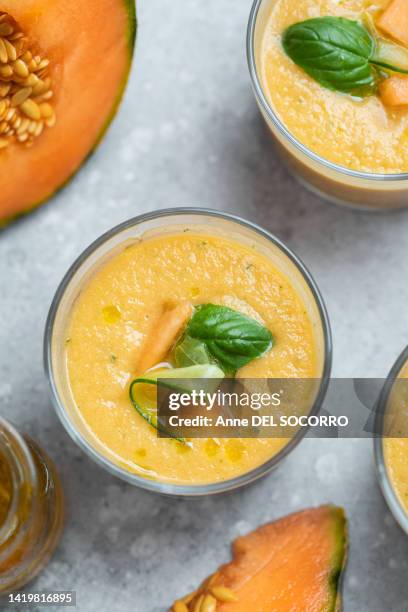 fresh melon and cucumber gaspacho soup - gazpacho stock pictures, royalty-free photos & images