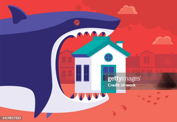 stockillustraties, clipart, cartoons en iconen met angry shark biting house - bites