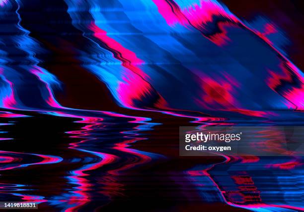 abstract mid-century tilt glitch shapes neon blue purple distorted seamless pattern background - distorted stockfoto's en -beelden