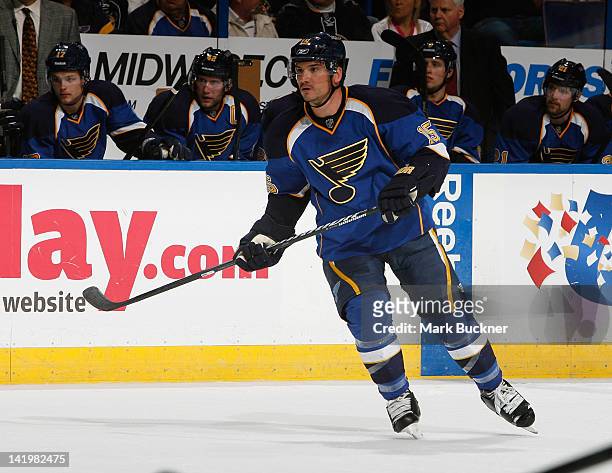 Jamie Langenbrunner of the St. Louis Blues skates against the Nashville Predators in an NHL game, the 1100th of his career, on March 27, 2012 at...