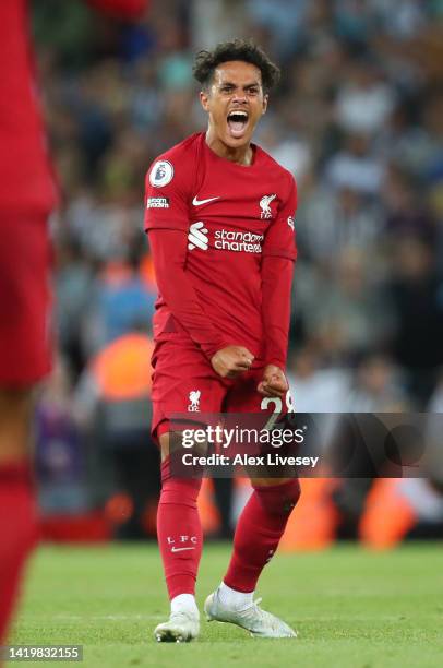 Fabio Carvalho of Liverpool celebrates their side's win after the final whistle of the Premier League match between Liverpool FC and Newcastle United...