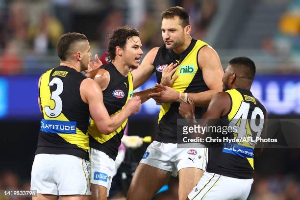 Daniel Rioli of the Tigers celebrates a goal during the AFL Second Elimination Final match between the Brisbane Lions and the Richmond Tigers at The...