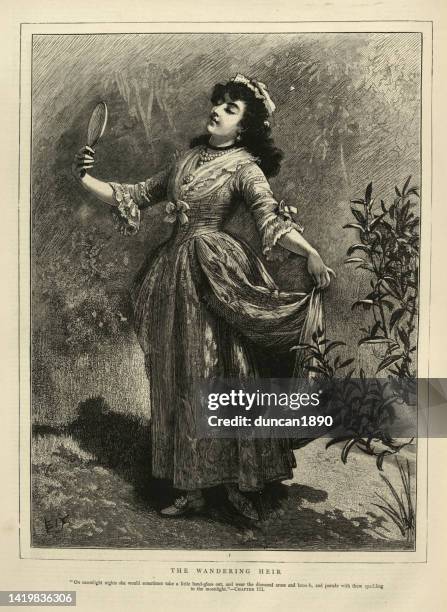 young woman looking at her reflection in a hand mirror, victorian 19th century - vanity stock illustrations