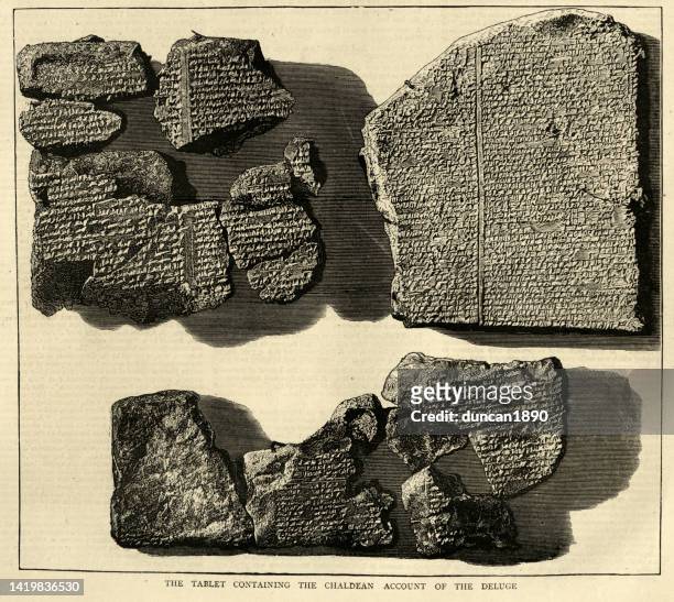 ancient tablet containing the chaldean account of the deluge or great flood - antiquities stock illustrations