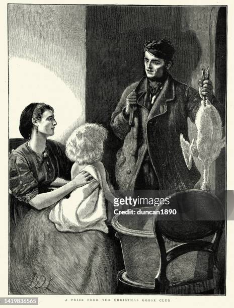 stockillustraties, clipart, cartoons en iconen met father bring home a christmas goose to his wife and child, 1870s, victorian 19th century.  a prize from the christmas goose club - ganzenvlees