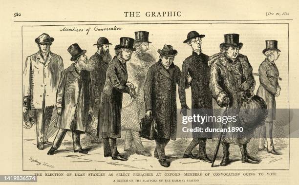 stockillustraties, clipart, cartoons en iconen met election of dean stanley as select preacher at oxford, members of convocation going to vote, victorian 19th century.  1872 - oxford england