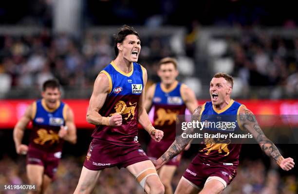 Eric Hipwood of the Lions celebrates after kicking a goal during the AFL Second Elimination Final match between the Brisbane Lions and the Richmond...